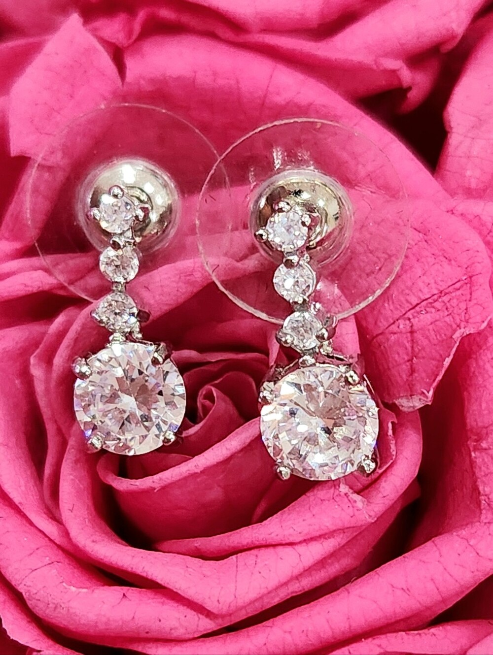 Classic Silver-Tone Cubic Zirconia Drop Earrings - Pink